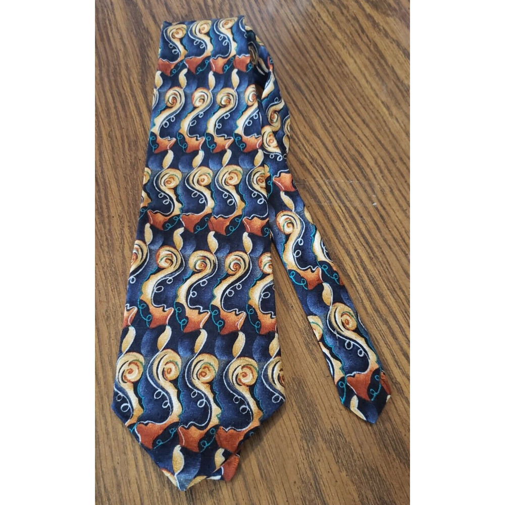 Jimmy V Abstract Blue and Gold Swirl Pattern Peggy Fleming Collection Necktie